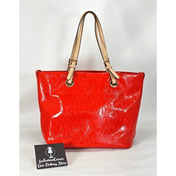 Michael Kors Women's Red Leather Jet Set Mirror Metallic Patent Tote Large 1794 - Picture 4 of 16